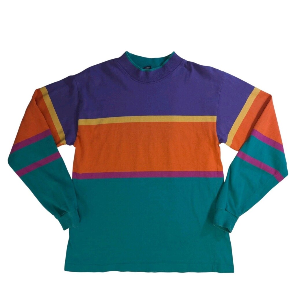 Lands' End Vibrant Colorful Mock Neck Sweater Women's M Cotton Color Block USA